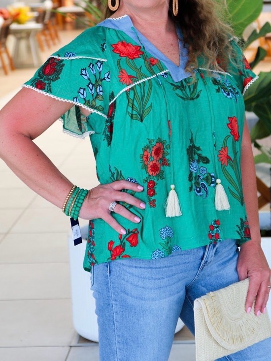 THML Tops - Women’s THML  Green Floral Embroidered Flutter Short Sleeve Top Size XL tassles